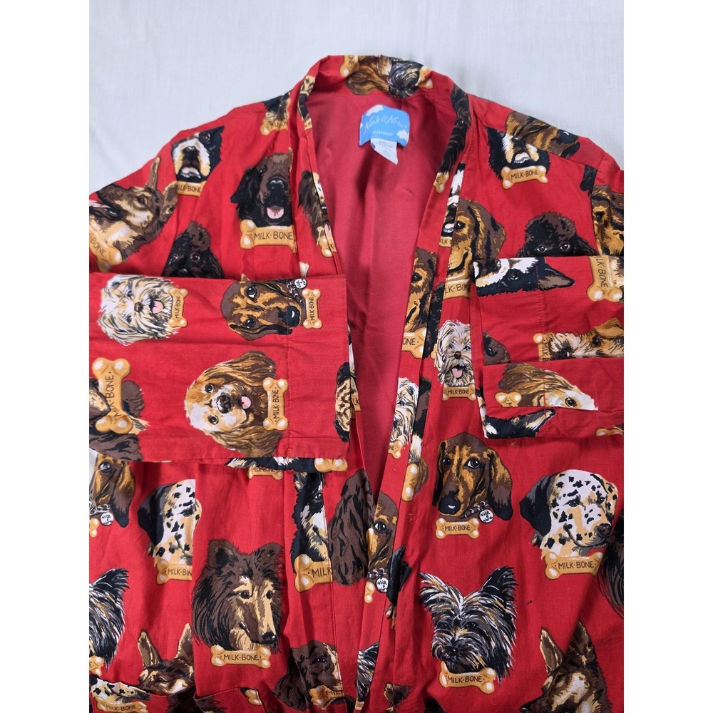 Nick & Nora Robe Womens Small S/M Red Dog Print Cotton Flannel Kimono Sleepwear